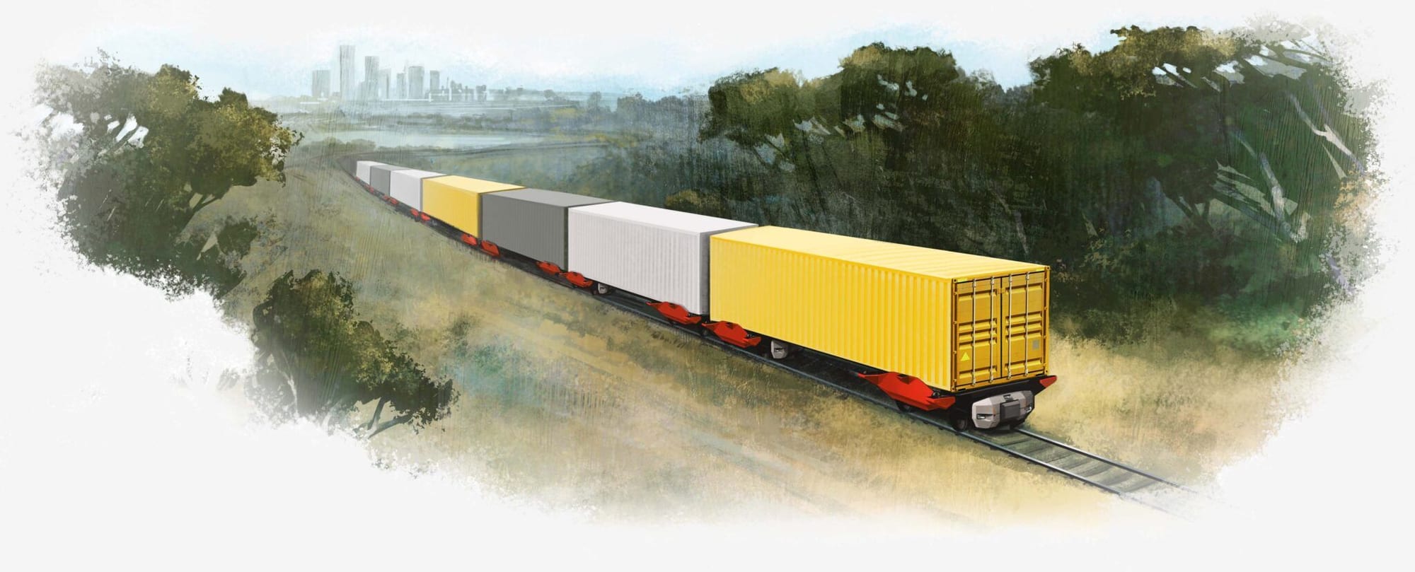 Artist's rendering of several shipping containers being transported by Parallel Systems electric freight trains. 