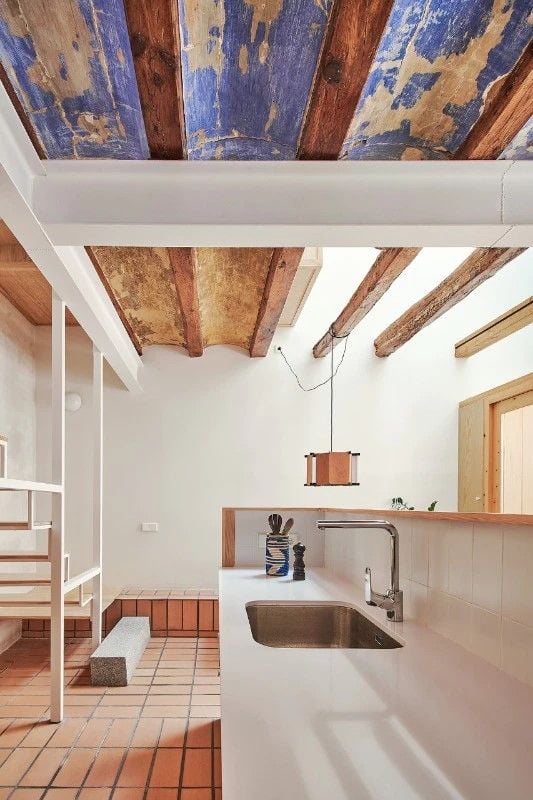 Large sink on the ground floor of the Twobo-restored 5x5-meter home in Barcelona.
