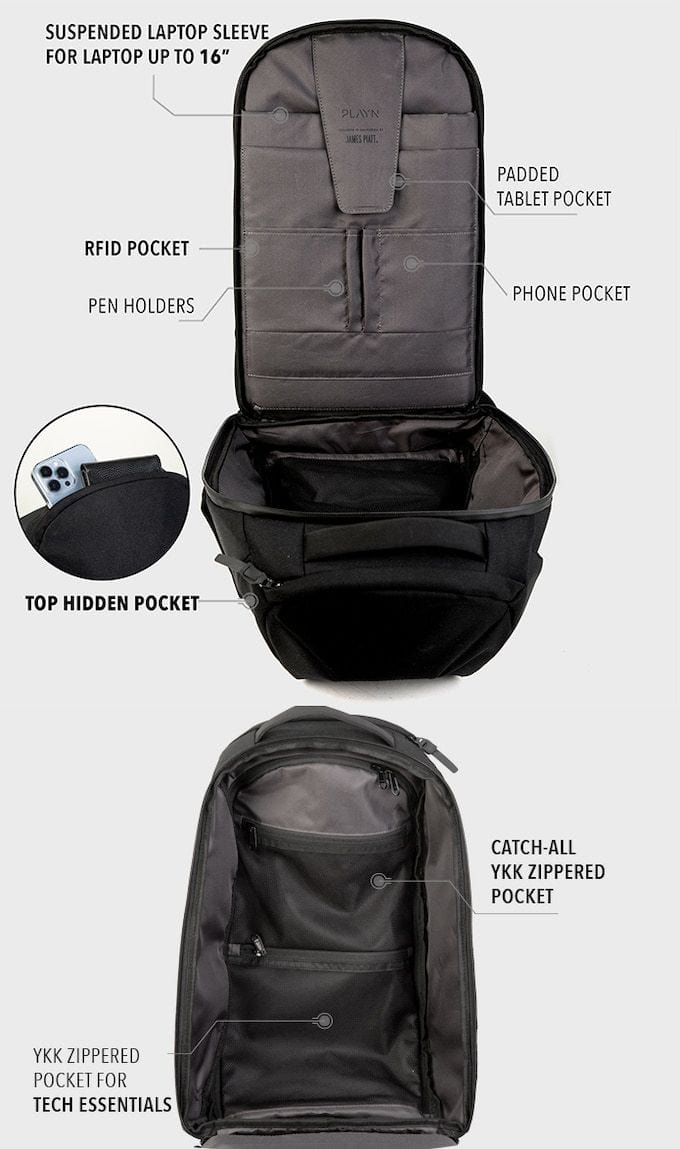 Graphics highlight the Orphosis backpack's many expandable pockets. 