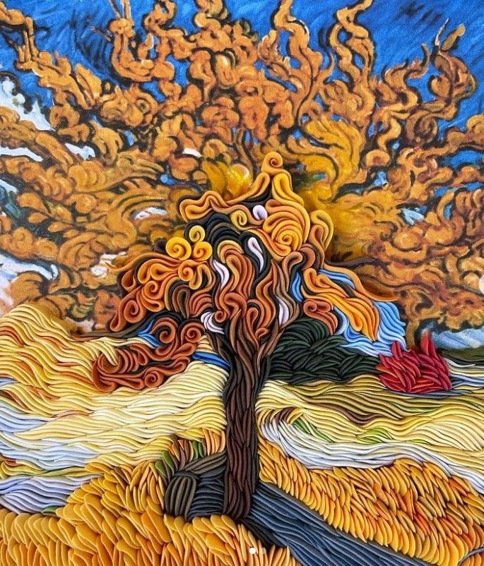 In-progress air-dry clay autumnal tree work by artist Alisa Lariushkina. 