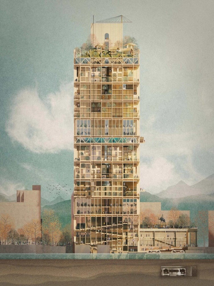 Exterior view of Oslo's Regenerative High-Rise, a timber tower made to adapt to changing needs.