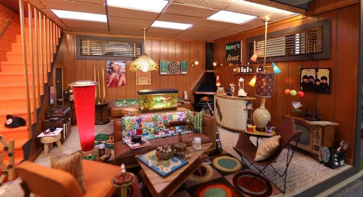 Ornate living area in Missouri couple Annie Kampfe and Cliff Donnelly's midcentury modern dollhouse, mostly built during the coronavirus lockdowns of 2020.