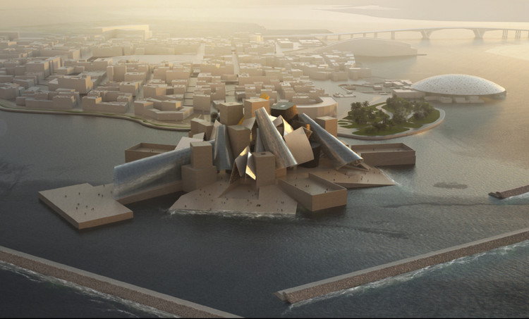 Overhead rendering of the long-awaited Guggenheim Abu Dhabi, designed by Frank Gehry.