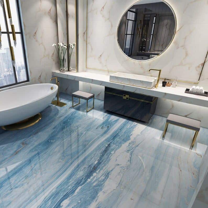 Gorgeous floor wallpaper gives this ordinary bathroom floor the look of lavish marble. 