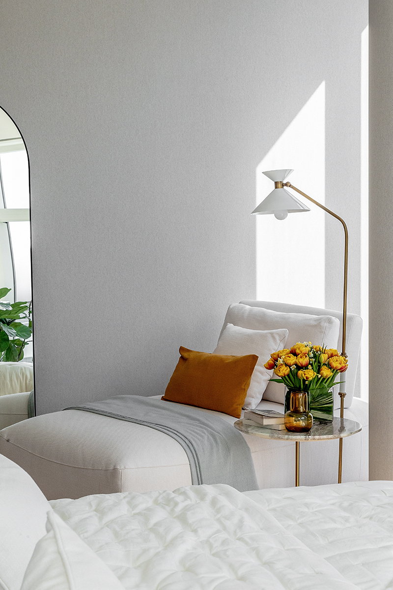Sleek modern bedroom space inside the Frank Gehry-designed Prospect Place.