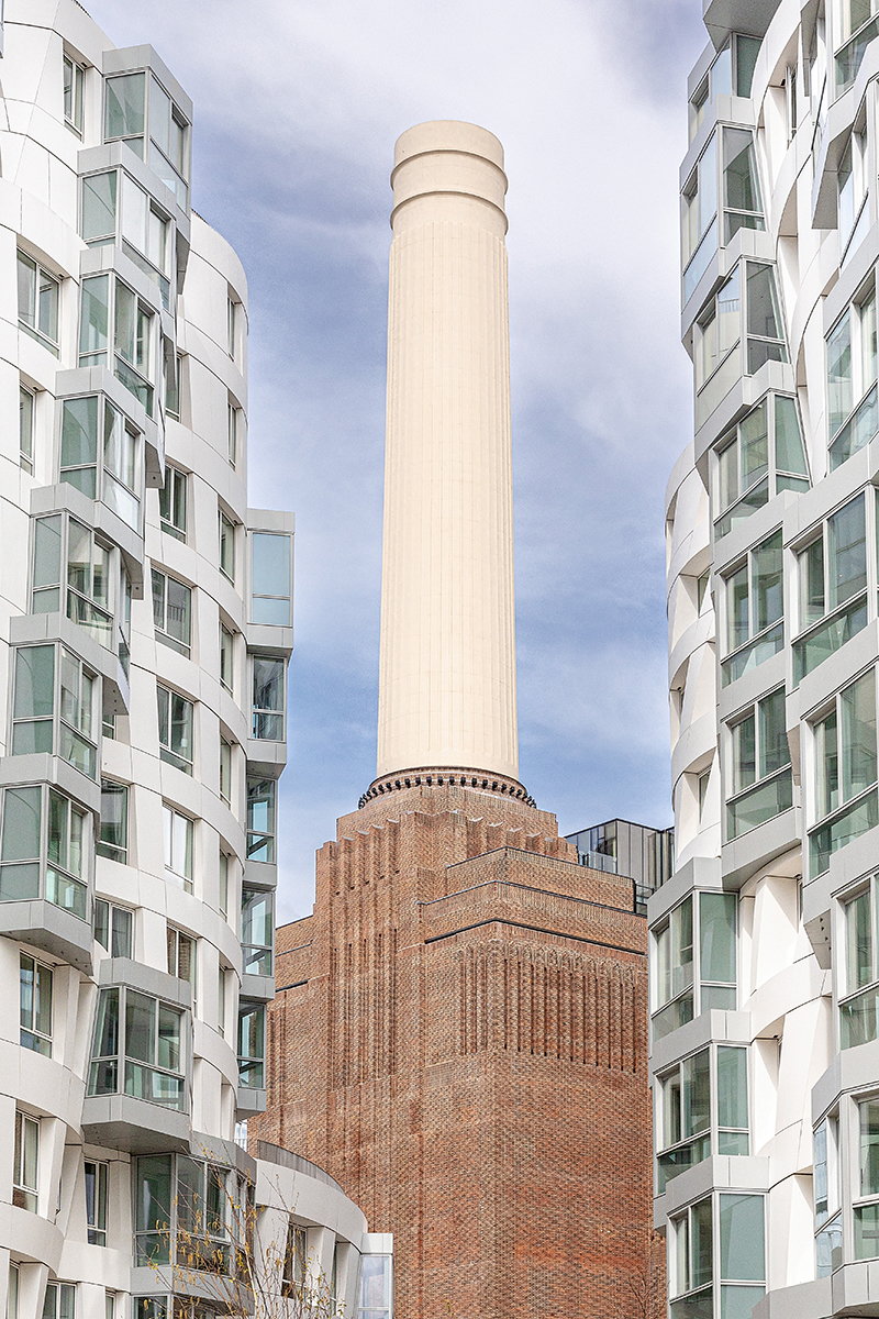 View of the Battersea Power Station's iconic smokestack from the Frank Gehry-designed Prospect Place.