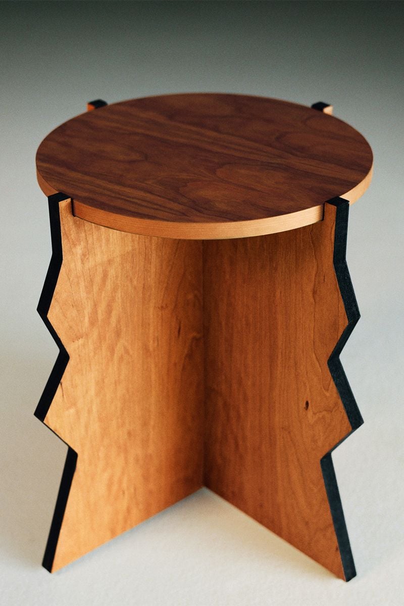 Squiggly wooden stool from Adi Goodrich's Sing Thing furniture brand. 