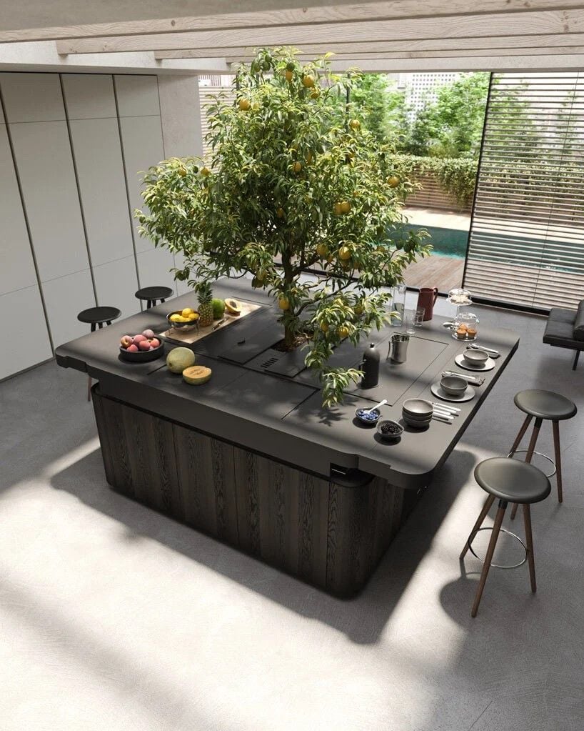The free-standing Oasi kitchen by ARAN Cucine and Stefano Boeri Architetti boats a living tree at its center.