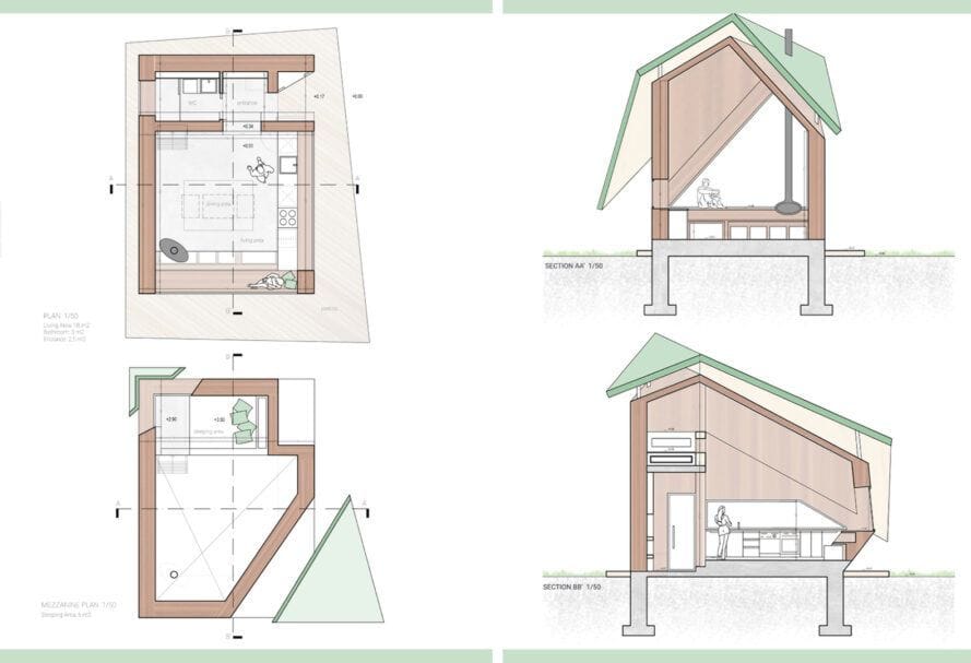 Diagram gives an in-depth look at the construction of the sustainable rammed earth tiny house.