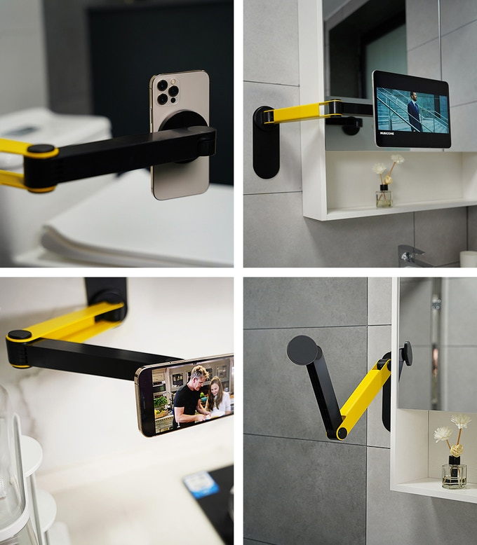 The iSwift Roboarm holds up all kinds of phones and tablets in various bathroom settings.