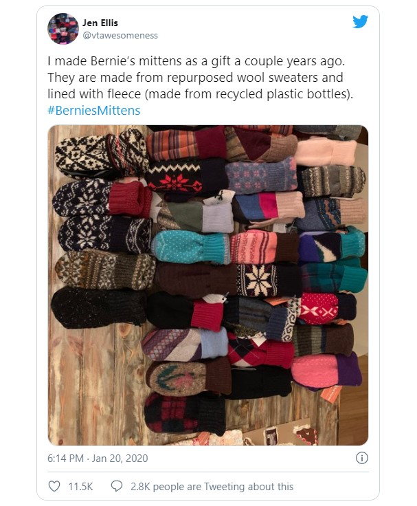 Vermont schoolteacher Jen Ellis first wove Bernie's iconic mittens after his 2016 primary loss. 
