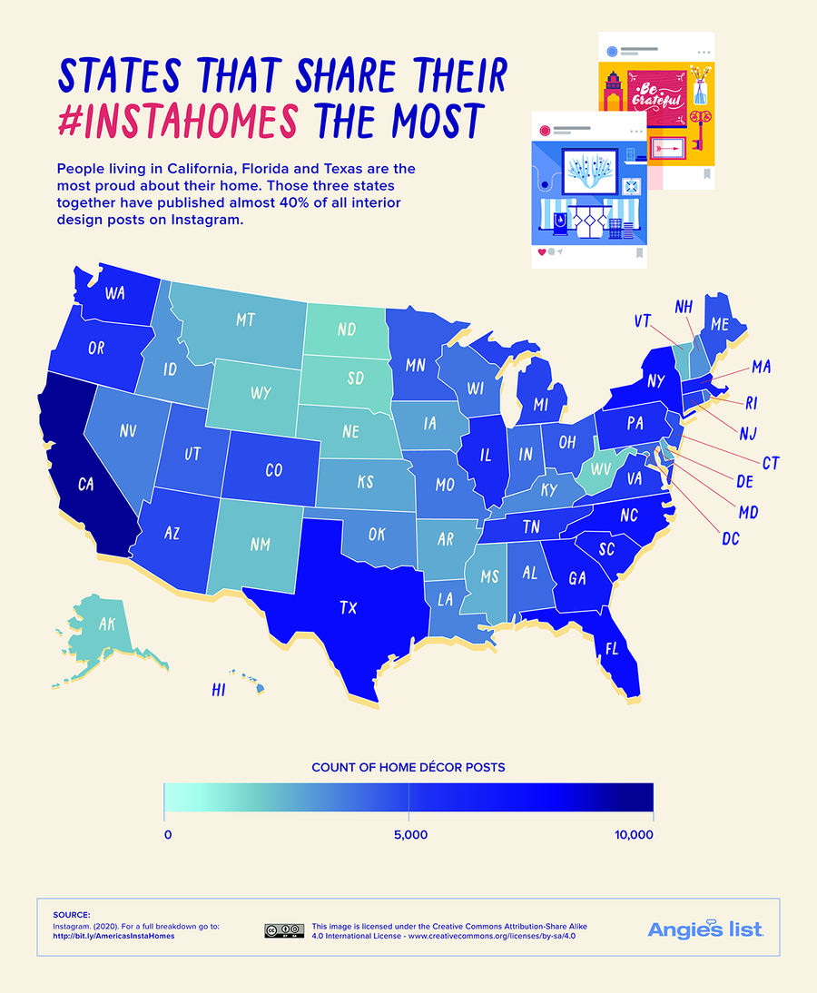 A map outlining which US states share their decor on Instagram the most, as compiled by Angie's List. 