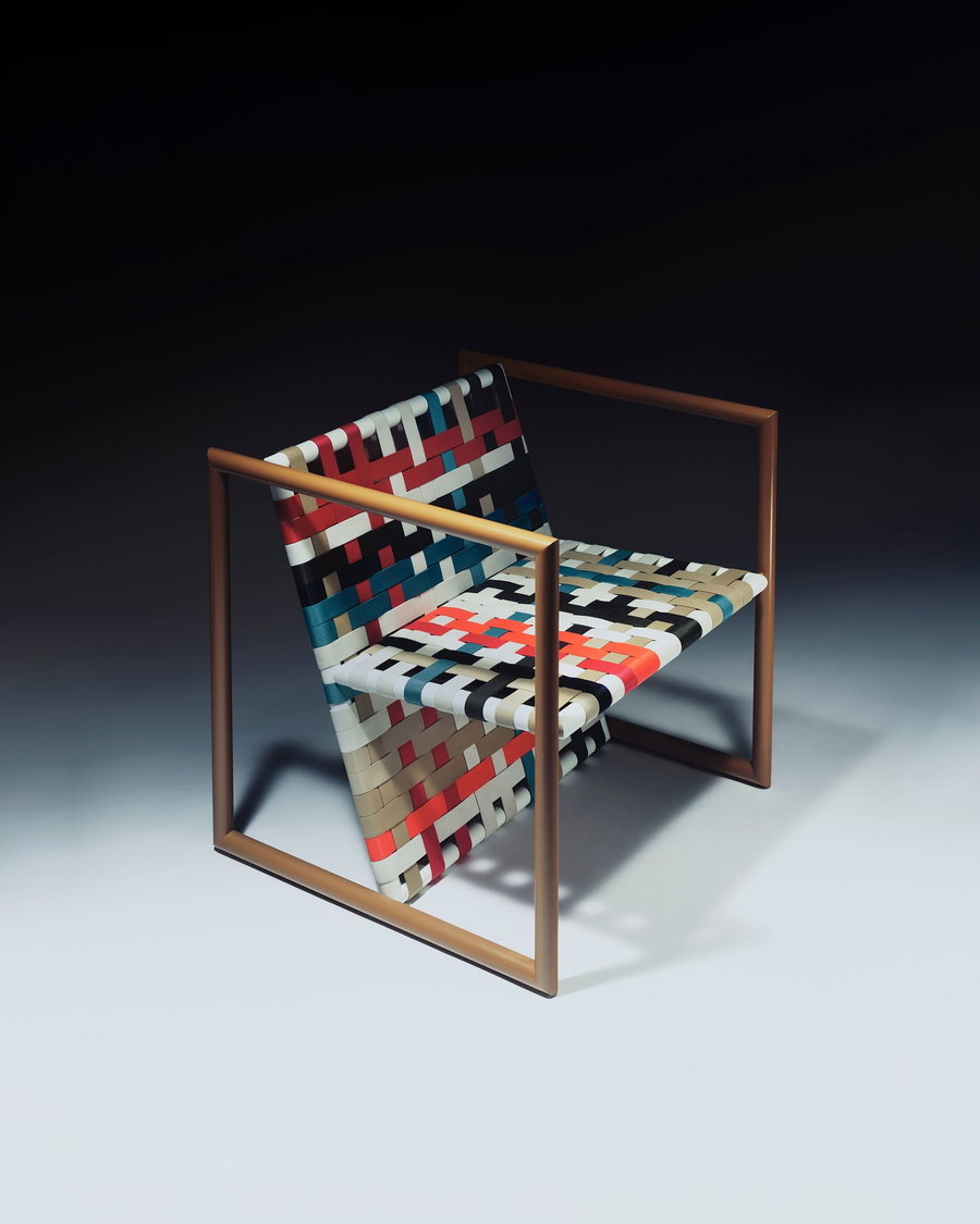A colorful marquetry-inspired chair featured inJonathan Saunders' debut furniture collection.