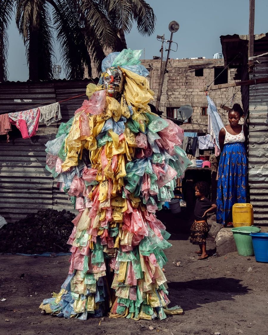 Striking Congolese protest art costume made from trash bags, as captured by photographer/reporter Stephen Gladieu in his new book 
