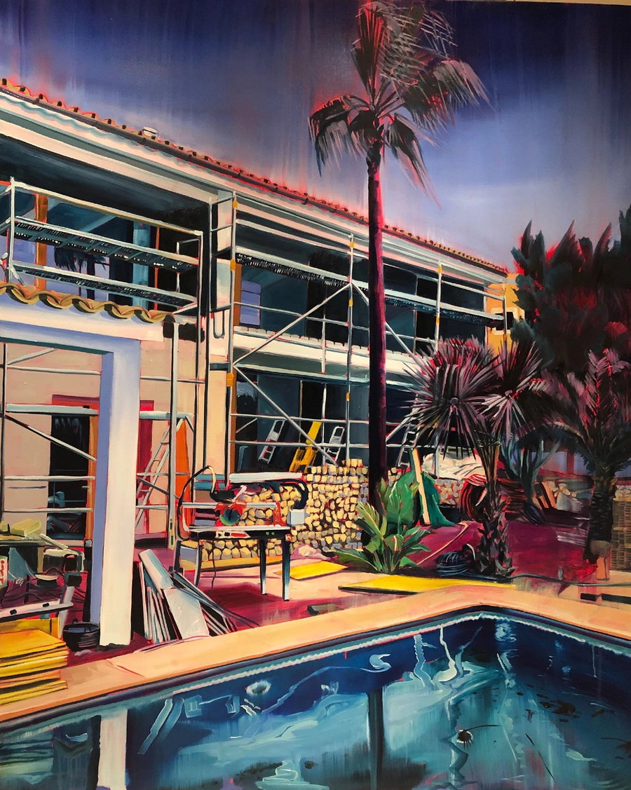 Painting of a luxury home under construction, as featured in Rex Southwick's ongoing 