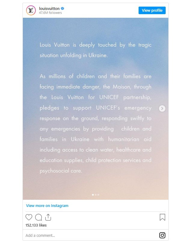 Instagram post from luxury fashion house Louis Vuitton expresses solidarity for the people of Ukraine. 