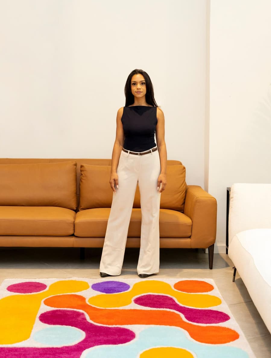 Dominican designer Soranyi Soler stands over a vibrant piece from her new Sosomo rug collection, made in collaboration with Karim Rashid.
