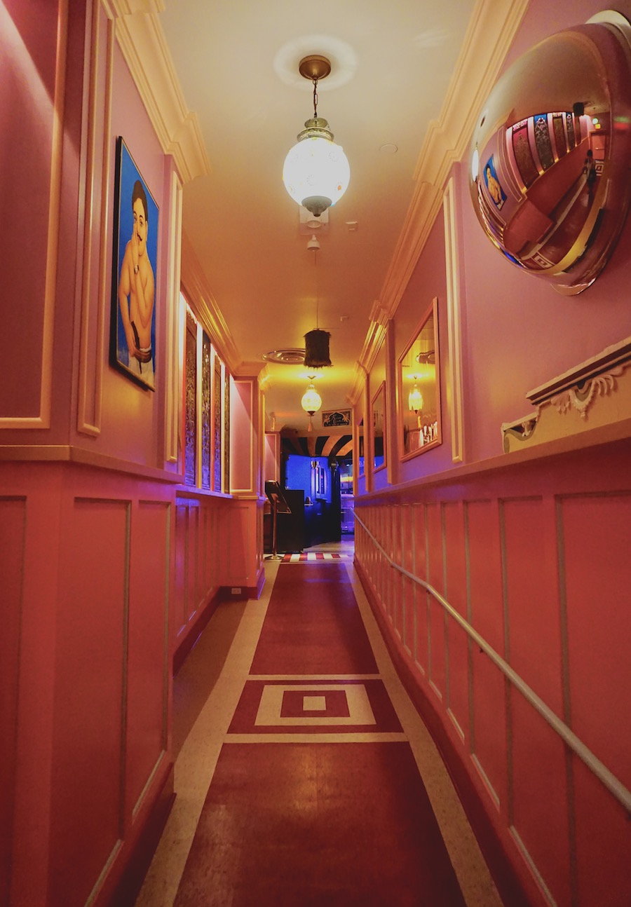Fun pink hallway inside the Turk's Inn supper club in Brooklyn, New York.