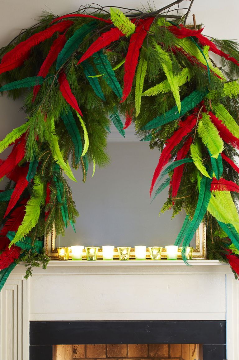 Brightly-colored, feathered holiday garland