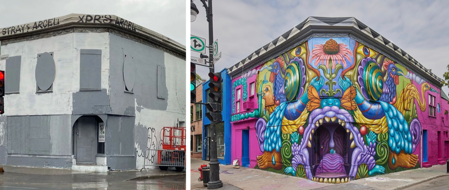 Before and after view of the building Brissonet used as the basis for her monster puppet mural in Montreal.