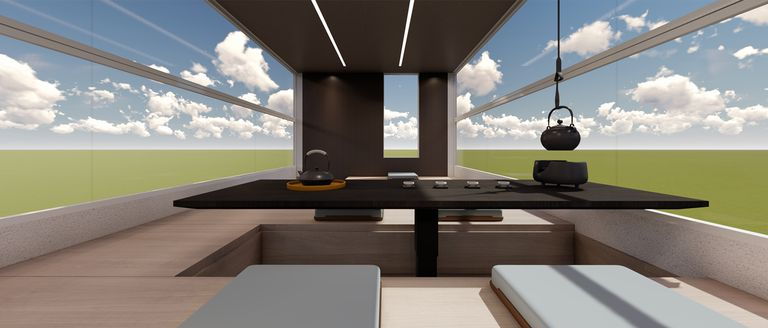 Computer renderings of the spaces inside SAIC's two-story Maxus Life Home V90 RV.