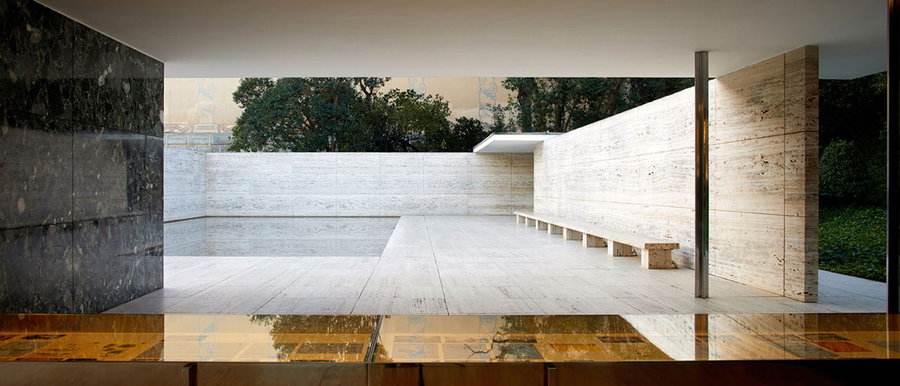 Inside the timeless Barcelona Pavilion, designed by Lilly Reich in collaboration with Ludwig Mies van der Rohe.   