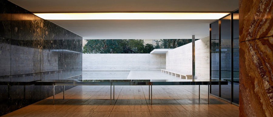 Inside the timeless Barcelona Pavilion, designed by Lilly Reich in collaboration with Ludwig Mies van der Rohe.  