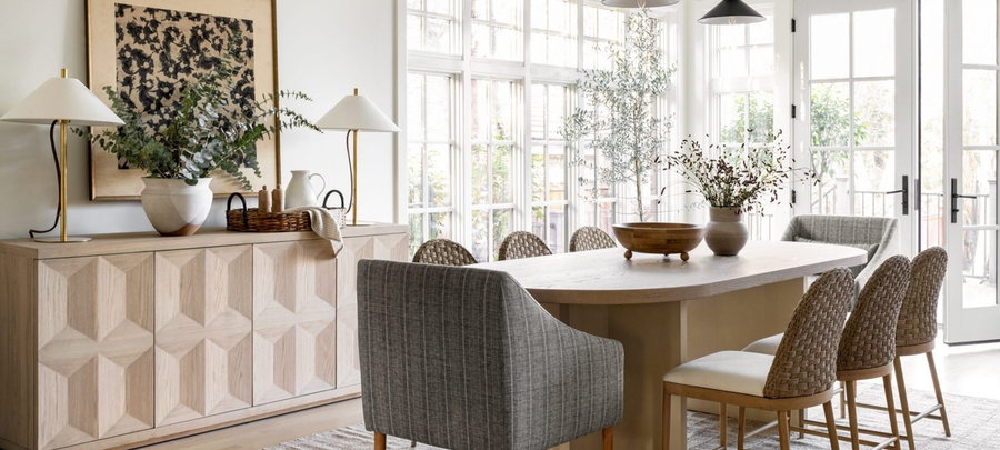 Light, neutral dining area adorned in pieces from Target's Spring 2022 furniture collection with Studio McGee. 