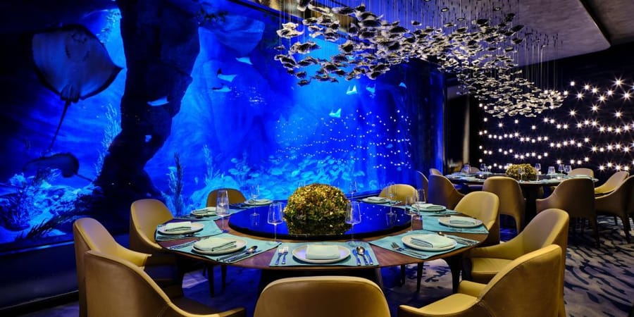 Even the restaurants on the hotel's lowest floors have been made to feel underwater.