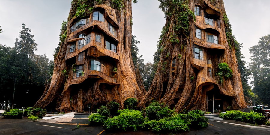 Futuristic housing pods built into massive redwood trees, envisioned by Manas Bhatia with the help of AI art-generating programs.