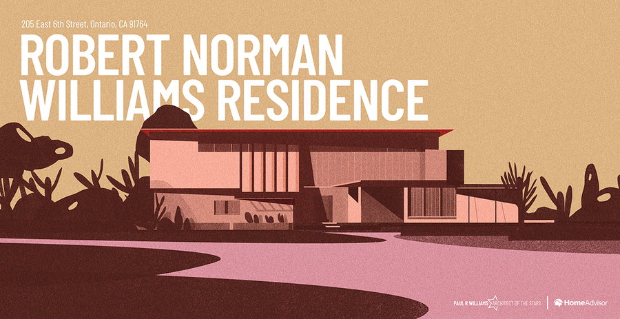 Colorful illustration of the Paul R. WIlliams-designed Robert Norman Williams Residence, as featured in a new tribute from HomeAdvisor. 