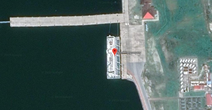 Contemporary images of the floating hotel are rare, but it's still visible from Google Maps. 