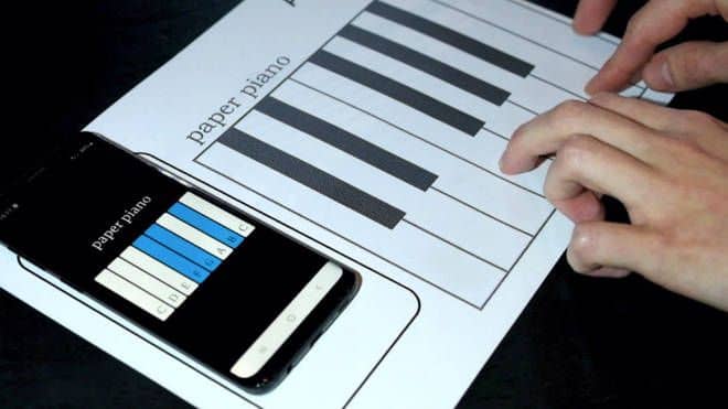 Paper piano from Prelonic Technologies uses built-in chips to interface with smart devices.