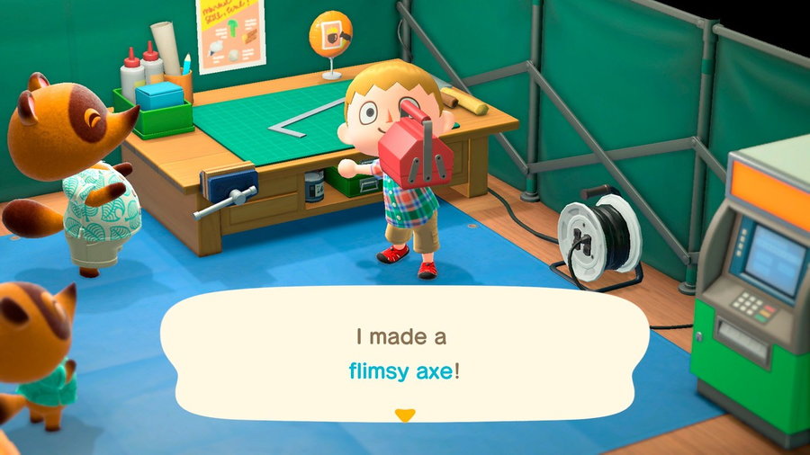 Animal Crossing avatar proudly holds up a player-made flimsy axe. 