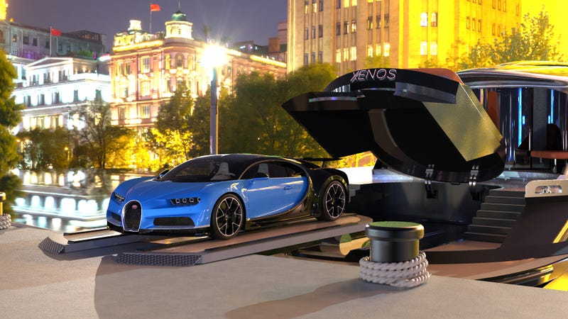 A sliding ramp in the rear of the superyacht makes taking the Bugatti onto land a total breeze.  