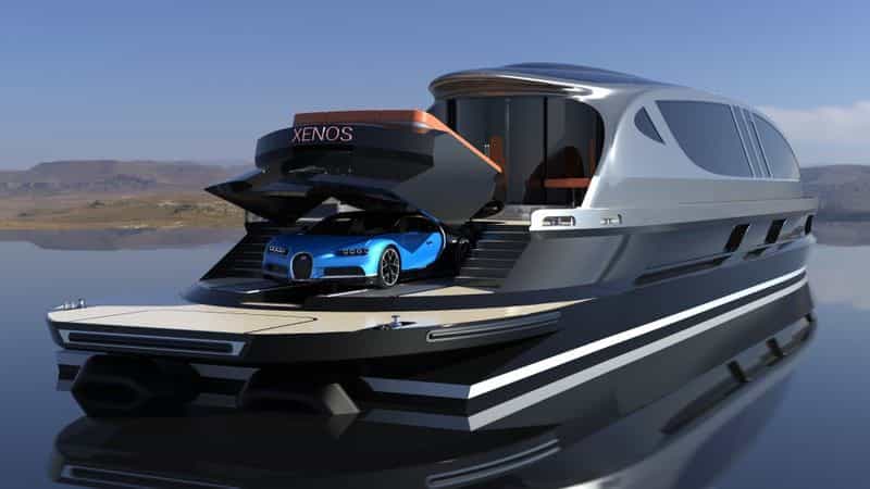 Rear view of the Xenos Hyperyacht concept, with an electric blue Bugatti sitting cozily inside. 
