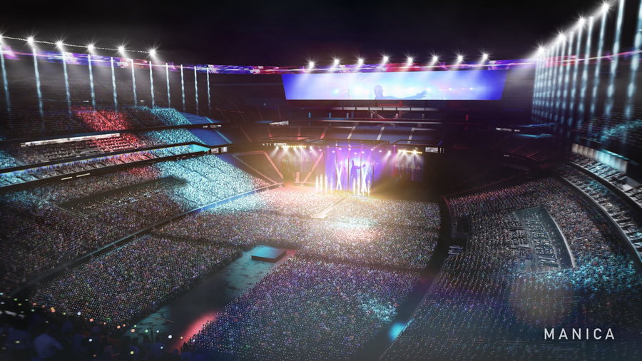 Large music event being held at the new Tennessee Titans stadium.