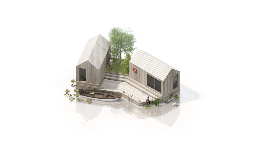 Rendering of a basic house module for MAST's floating Land on Water communities. 