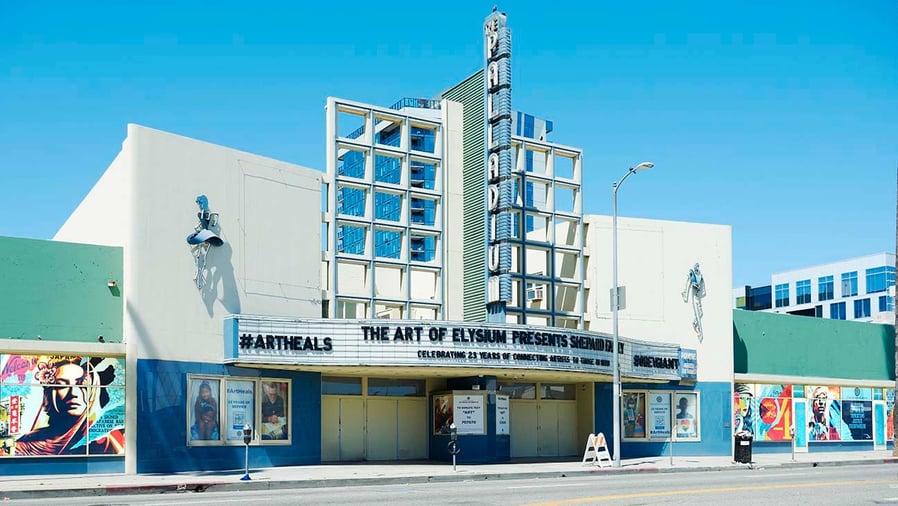 Original works by artist Shepard Fairey adorn the facade of the Hollywood Palladium as part of non-profit organization the Art of Elysium's 23rd anniversary. 