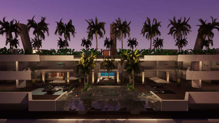 Renderings of the luxurious Blue Island Estate residences at sunset.