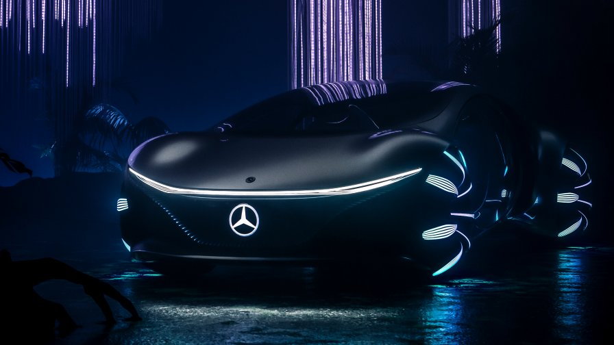 Front view of the Mercedes-Benz VISION AVTR futuristic concept car.