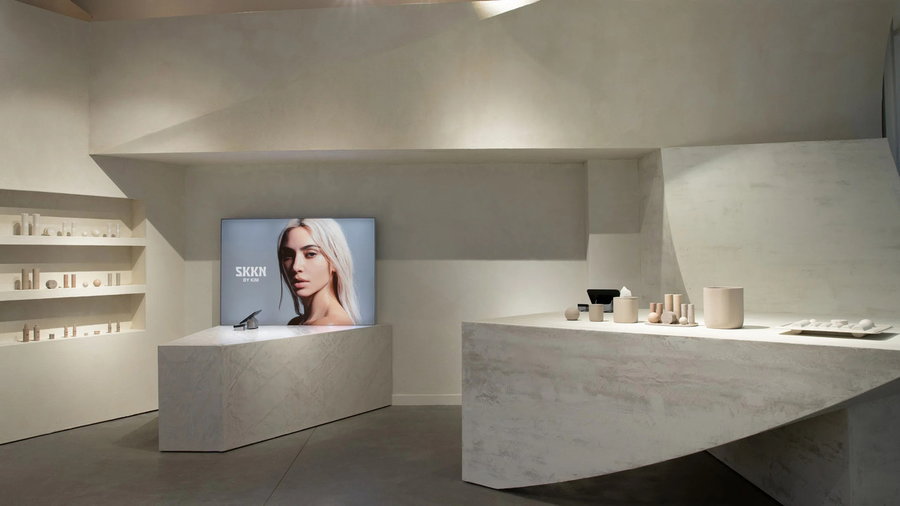 Kim Kardashian's minimalist pop-up store for her SKKN skincare products, designed by Perron-Roettinger.