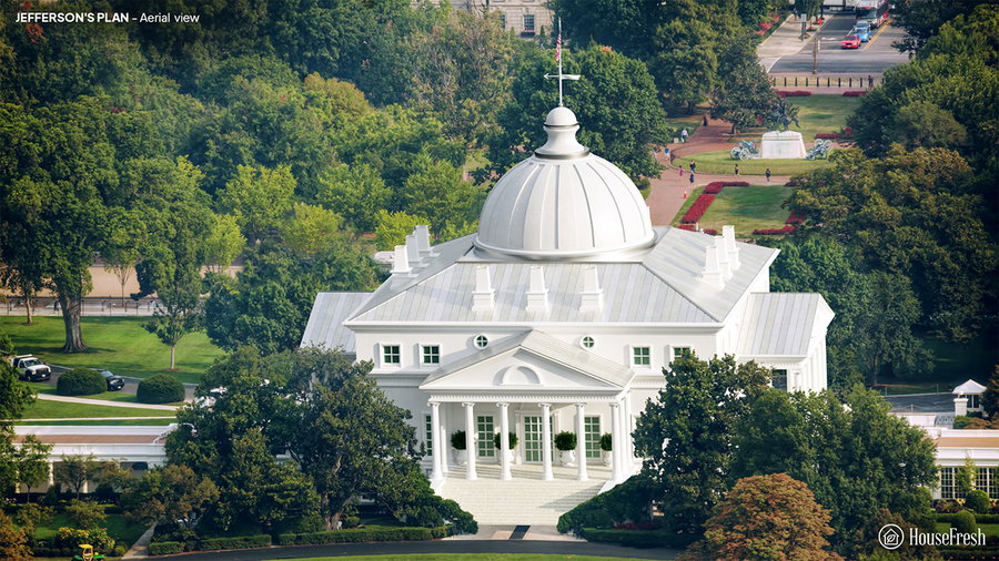 Aerial view of the Thomas Jefferson-designed White House.
