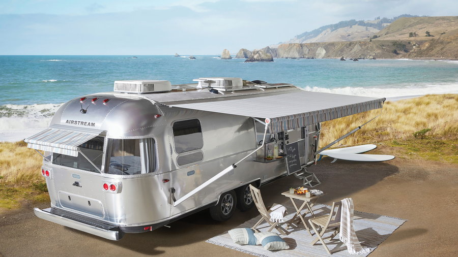 Exterior view of the new Airstream X Pottery Barn Travel Trailer. 