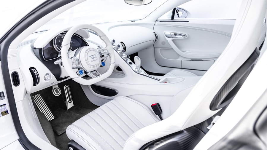 Custom all-white interiors of Post Malone's 2019 Bugatti Chiron. 