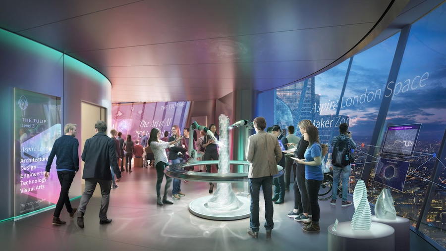Tourists entertain themselves in the ultramodern spaces featured inside the proposed Tulip Tower 
