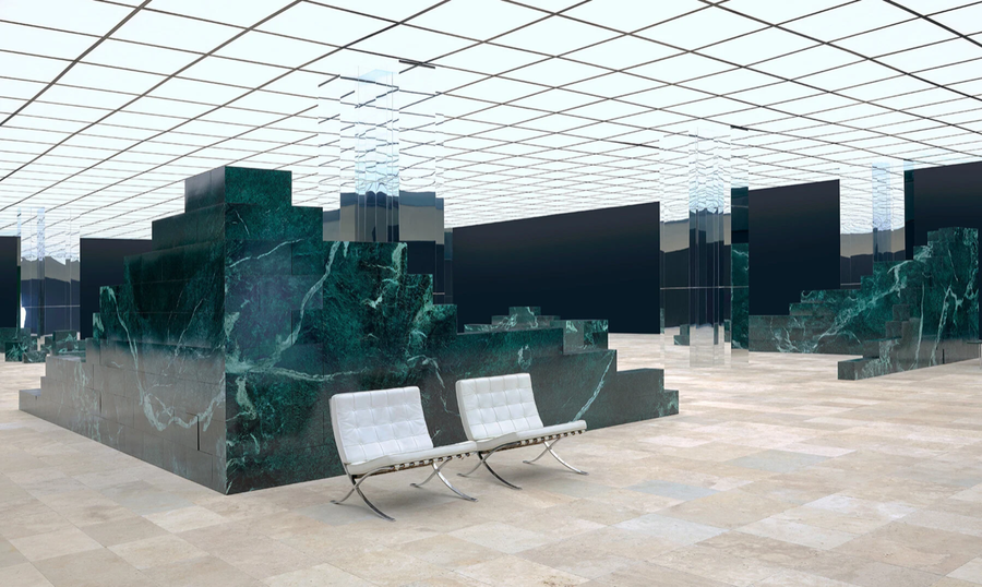 The Mies van der Rohe-inspired set for Virgil Abloh's virtual Louis Vuitton reveal.