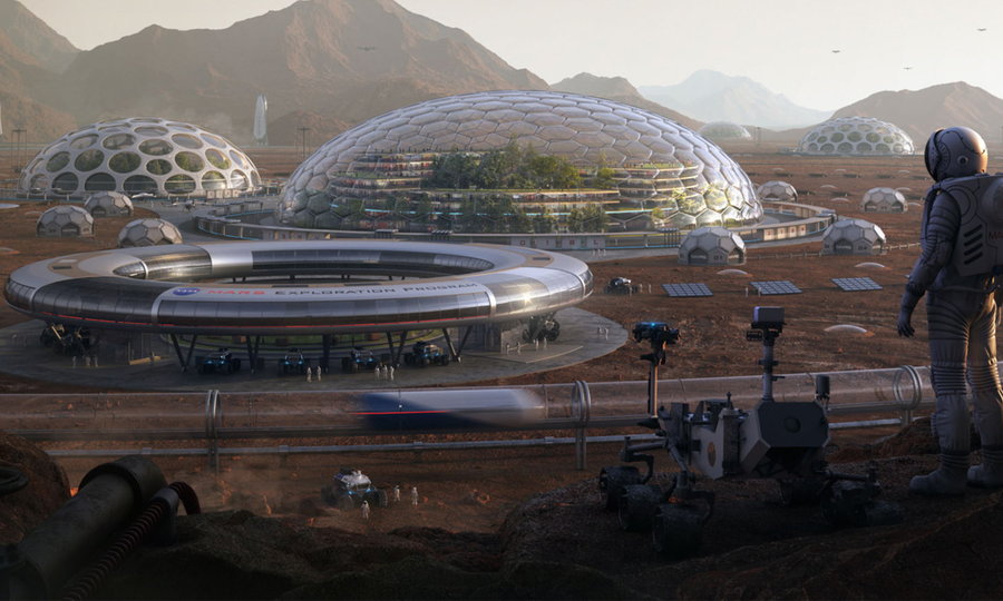 Computer rendering of a futuristic Mars colony.