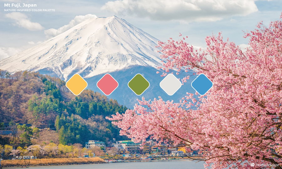 This Mount Fuji-inspired color palette plays on the delicate pinks, blues, and greens of the Japanese countryside. 