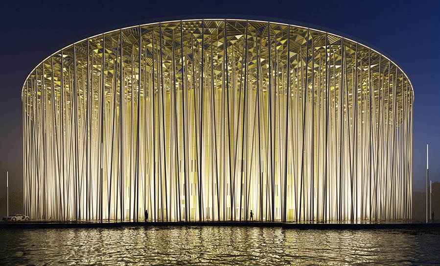 Eastern China's new Wuxi Taihu Show Theatre at night. 